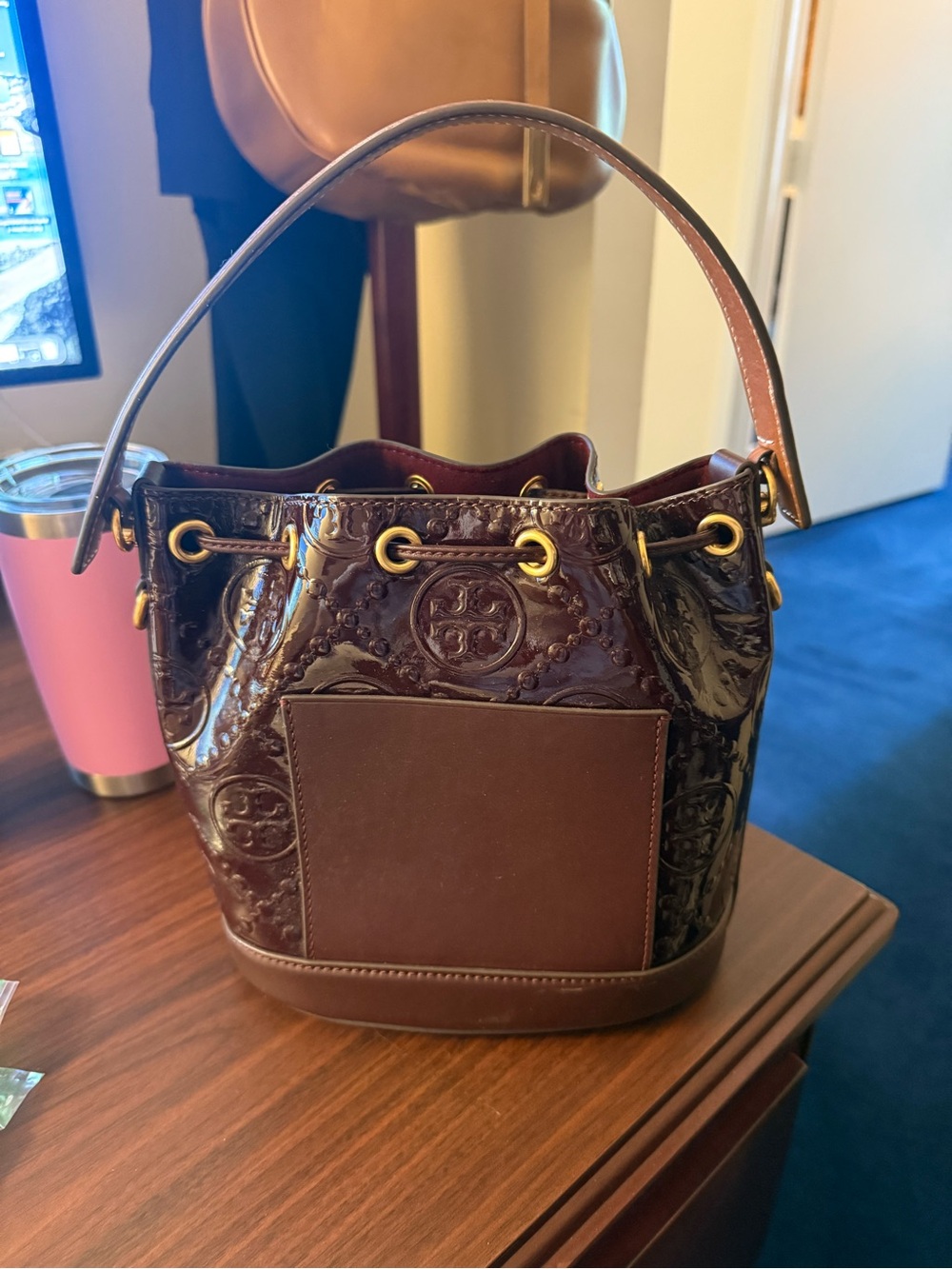 Tory Burch T Monogram Patent Leather Bucket Bag in Burgundy - Picture 2 of 6
